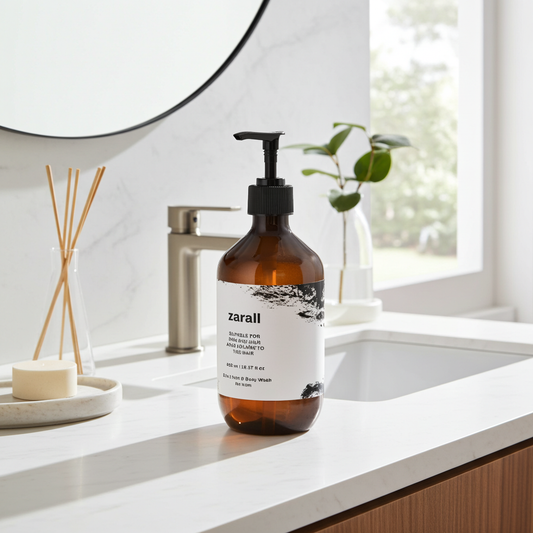 Bathroom counter with a bottle labeled 'zarall' and decorative items.