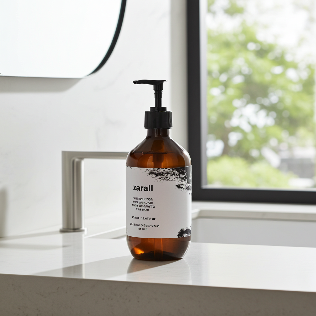 Brown bottle with pump labeled 'zarall' on a surface near a window with greenery outside